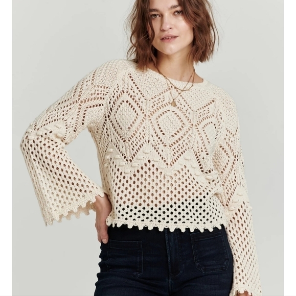 NEW Another Love Women Marissa Crochet Mesh Scallop Edge Cream Sweater Sz XL $78 - Picture 1 of 9